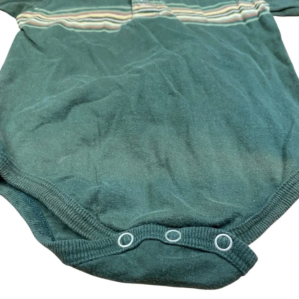 VTG 90s Baby Bodysuit Green 0-3‎ Striped Henley Bodysuit 100% Cotton Long Sleeve